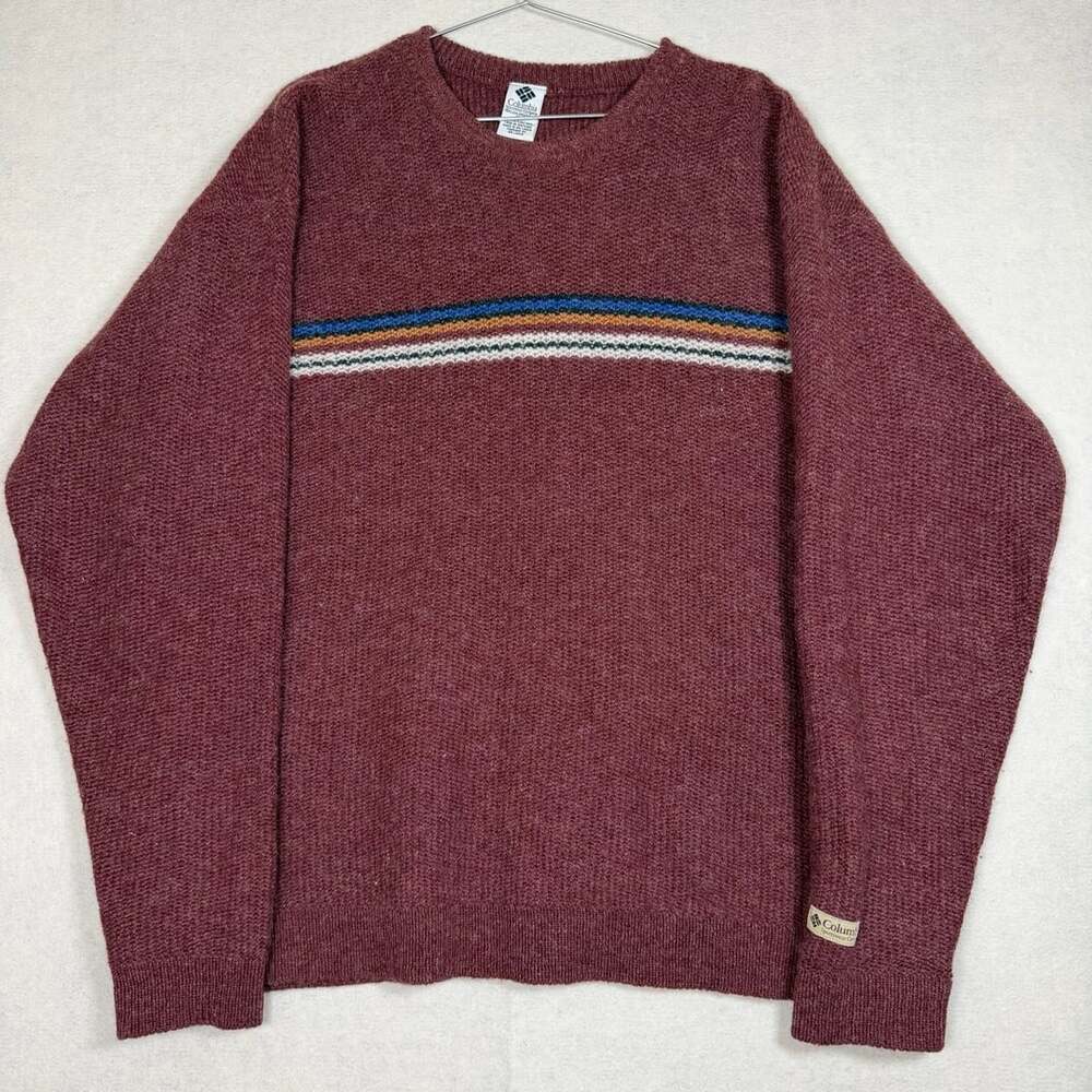 Vintage Columbia Sweater Mens XL Shetland Wool Burgundy Stripe Pullover